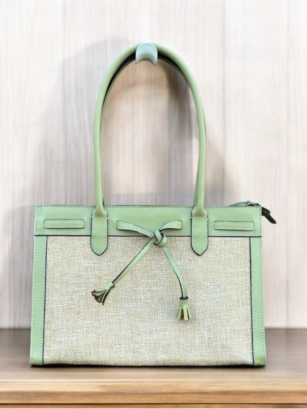 Green and Tan Leather and Wicker Shoulder Handbag